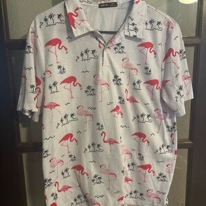 SHEIN White Polo Shirt with Pink Flamingo Print